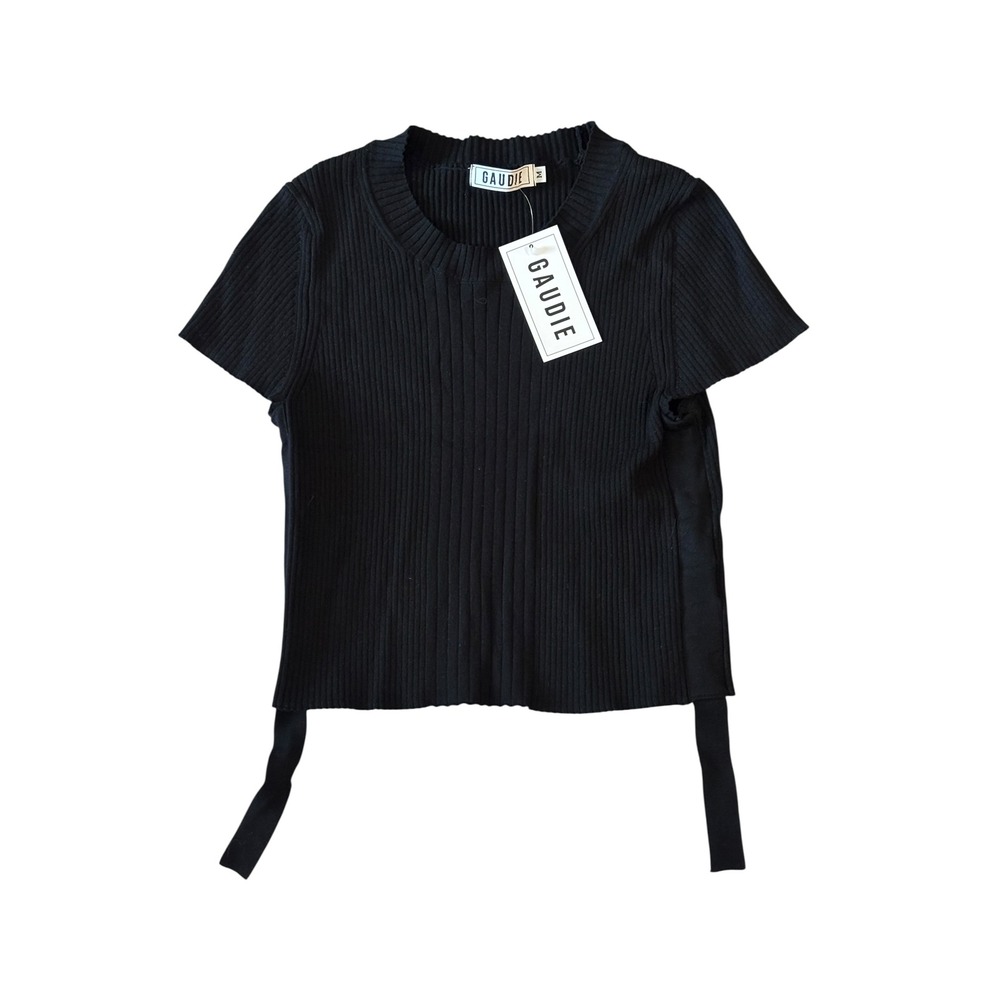 Gaudie Black Ribbed Knit Crop Top Side‎ Tie Crew Neck Short Sleeve Medium NEW